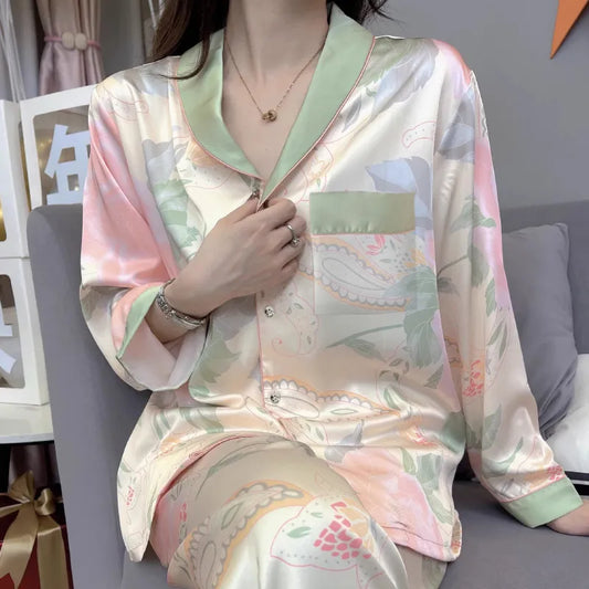 Ensemble De Pyjama Femme Luxueux Et Décontracté Avec Motif Floral En Soie Simulée