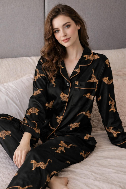 Ensemble De Pyjama Femme Imprimé Léopard Noir Manches Longues Pantalon Longs Vêtements